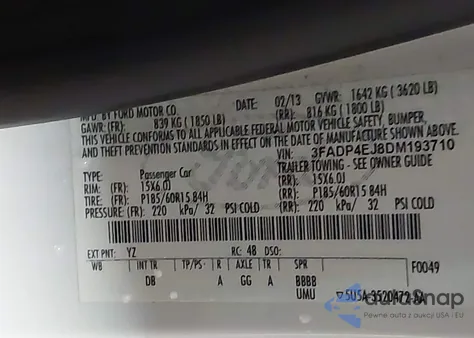 2013 Ford Fiesta Se z USA, uszkodzony, nr VIN 3FADP4EJ8DM193710